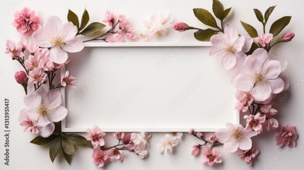 Fototapeta premium Floral Border with White Frame and Pink Flowers