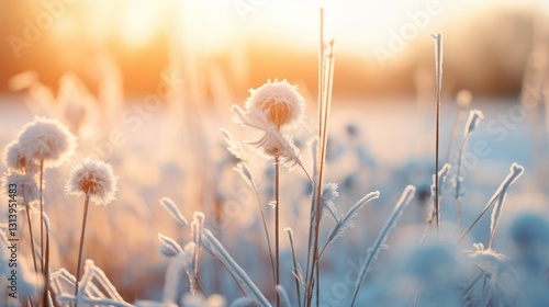 Frozen Dandelion Flowers in a Snowy Field at Sunset