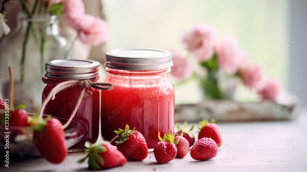 Homemade Strawberry Jam in Glass Jars with Fresh Strawberries Homemade Strawberry Jam in Glass Jars with Fresh Strawberries
