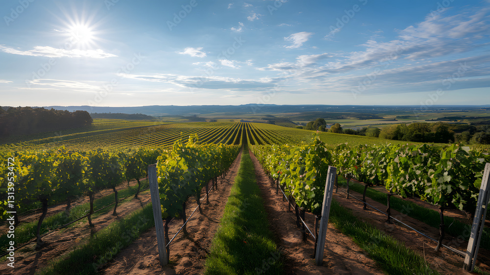Obraz premium A sunlit vineyard with rows of grapevines stretching toward the horizon.