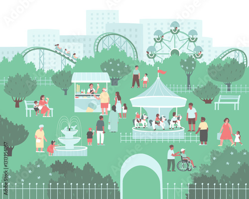 Amusement park with roller coaster, ferris wheel and carousel. Many people came to the amusement park on a weekend. Ice cream kiosk on a summer day. Flat vector illustration