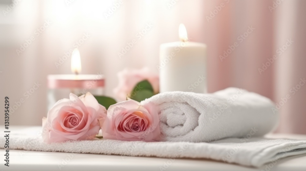Relaxing Spa Experience with Soft Pink Roses and White Towels Relaxing Spa Experience with Soft Pink Roses and White Towels