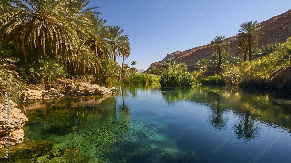 Serene Desert Oasis with Palm Trees and Crystal Clear Water Serene Desert Oasis with Palm Trees and Crystal Clear Water