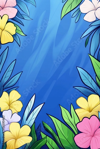 Floral Frame Colorful blooms and leaves border textured blue gradient background, creating bright border