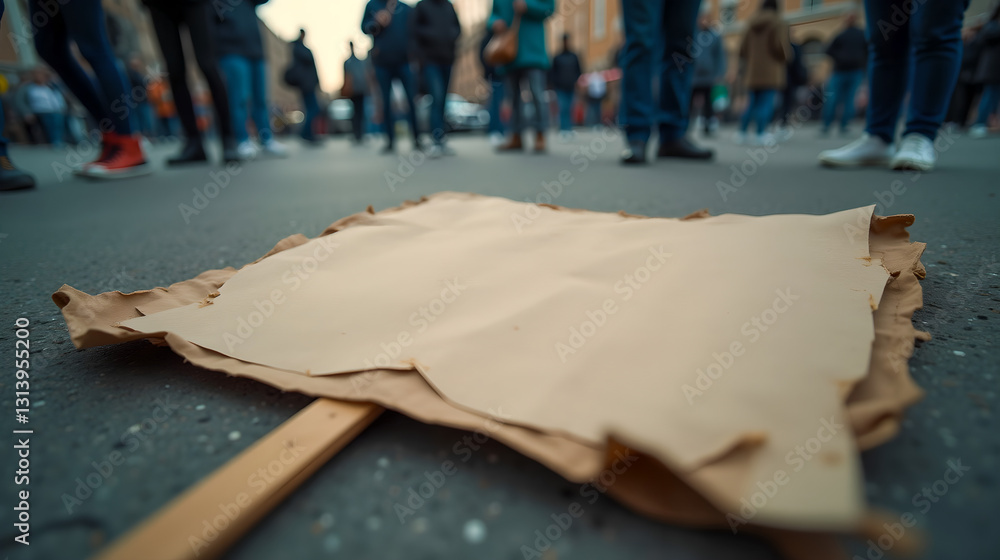 a close-up of a torn protest sign on the ground, remnants of a demonstration a close-up of a torn protest sign on the ground, remnants of a demonstration