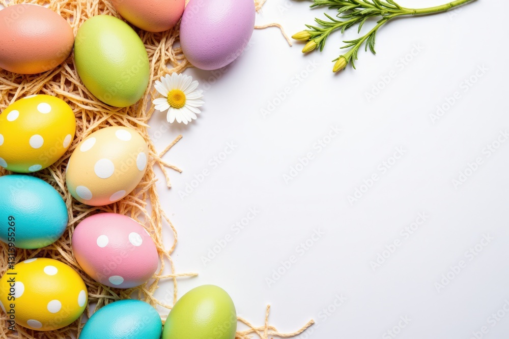 A Beautiful Arrangement of Colorful Easter Eggs in Pastel Shades Nestled in Straw with Fresh Flowers, Perfect for Spring Celebrations and Festivities A Beautiful Arrangement of Colorful Easter Eggs in Pastel Shades Nestled in Straw with Fresh Flowers, Perfect for Spring Celebrations and Festivities