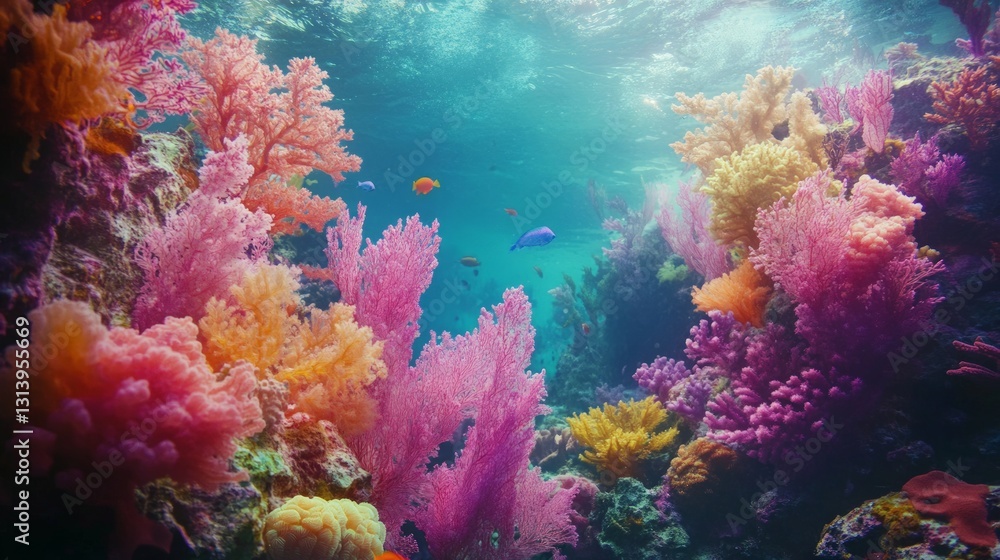 Naklejka premium Vibrant Coral Reef Underwater Scene with Colorful Marine Life
