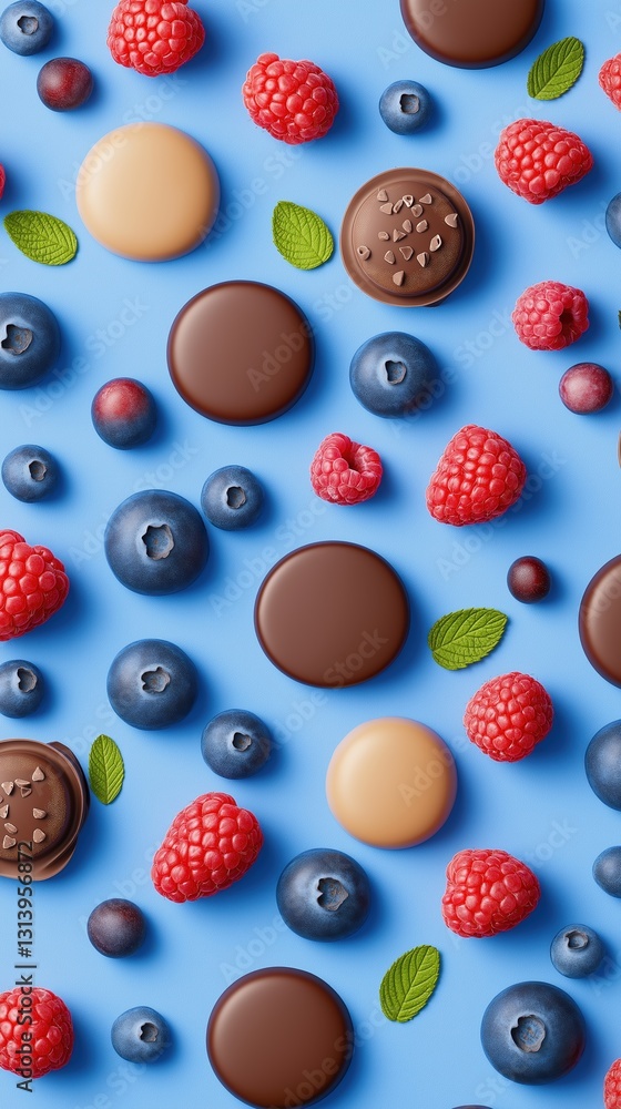 Seamless pattern of assorted chocolate pieces, fresh raspberries, blueberries, and mint leaves on a vibrant blue background
Seamless pattern of assorted chocolate pieces, fresh raspberries, blueberries, and mint leaves on a vibrant blue background