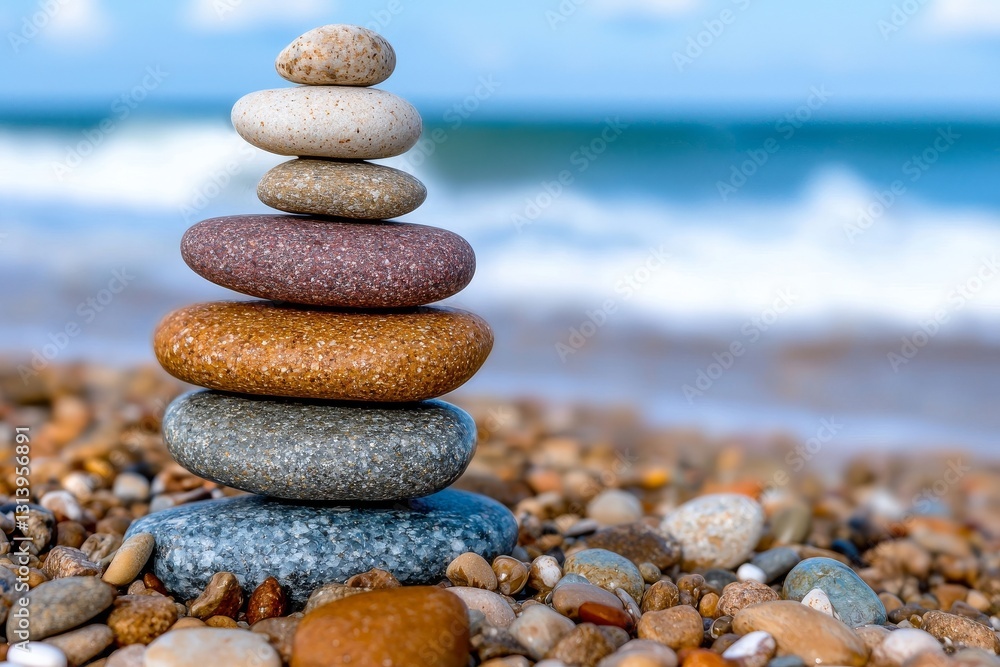 Creating a pyramid with vibrant zen stones on a sandy beach beneath a clear blue sky embodies a beautiful natural and spiritual concept Creating a pyramid with vibrant zen stones on a sandy beach beneath a clear blue sky embodies a beautiful natural and spiritual concept