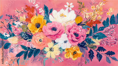 Vector illustration. Vibrant flowers and leaves bloom amidst abstract brushstrokes on pink background