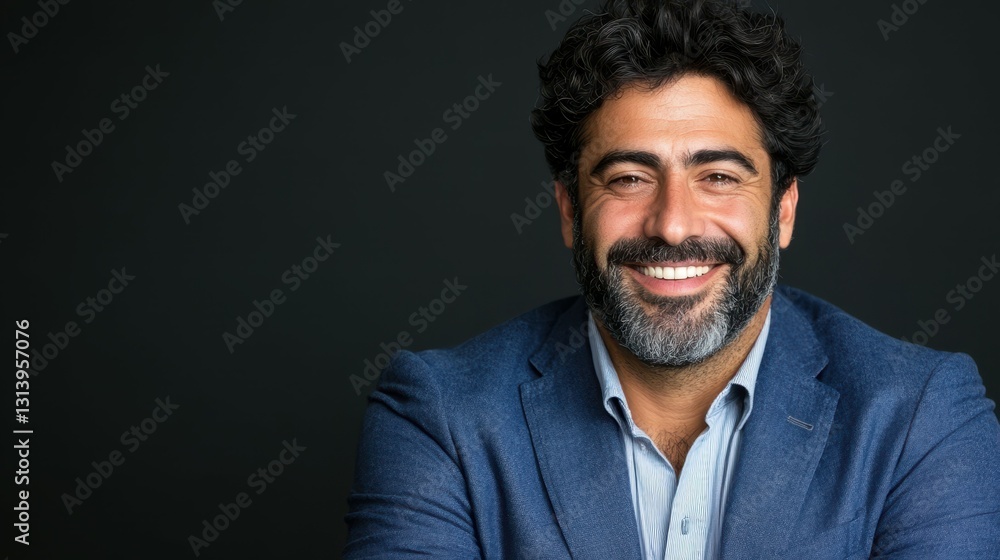 A man with a thick beard wears a blazer and smiles confidently while posing against a dark backdrop. The setting suggests a professional or studio atmosphere A man with a thick beard wears a blazer and smiles confidently while posing against a dark backdrop. The setting suggests a professional or studio atmosphere