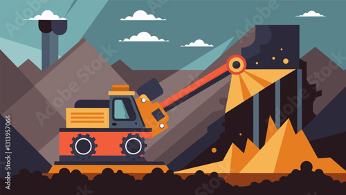 The deafening roar of a shearing machine as it breaks up coal formations deep in the mine propelled by skilled workers operating the controls.. Vector illustration
