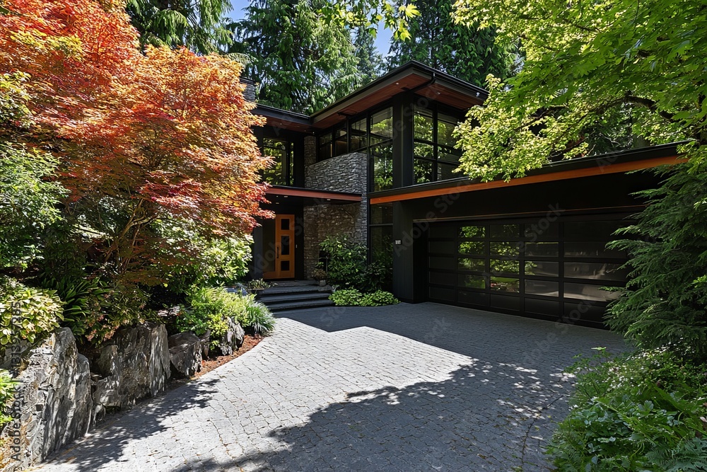 This residence is a newly constructed home featuring a low slope roof and brown siding This residence is a newly constructed home featuring a low slope roof and brown siding