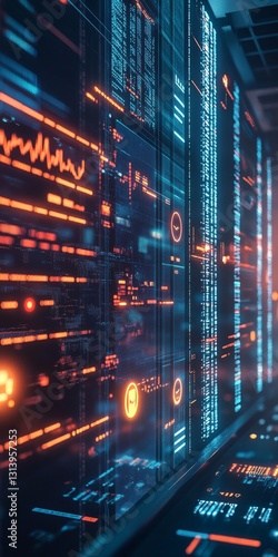 Futuristic Data Center with Neon Lights and High-Tech Server Rack in Cybernetic Environment