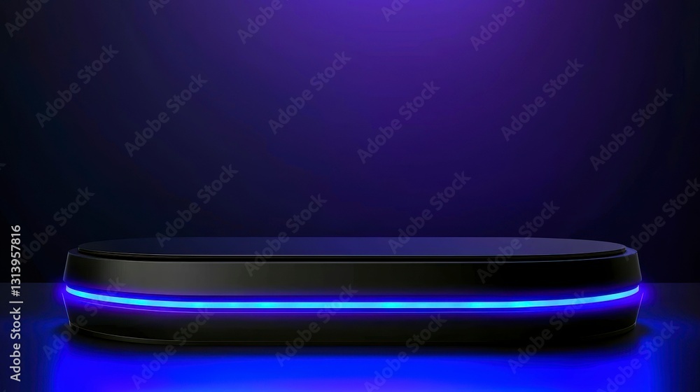 Sleek Black Presentation Podium with Neon Blue Illumination for Product Showcase and Modern Display Backdrop Scene Sleek Black Presentation Podium with Neon Blue Illumination for Product Showcase and Modern Display Backdrop Scene
