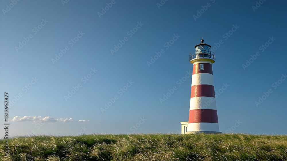 Red And White Striped Lighthouse On Green Grassy Hill Under Clear Blue Sky Red And White Striped Lighthouse On Green Grassy Hill Under Clear Blue Sky
