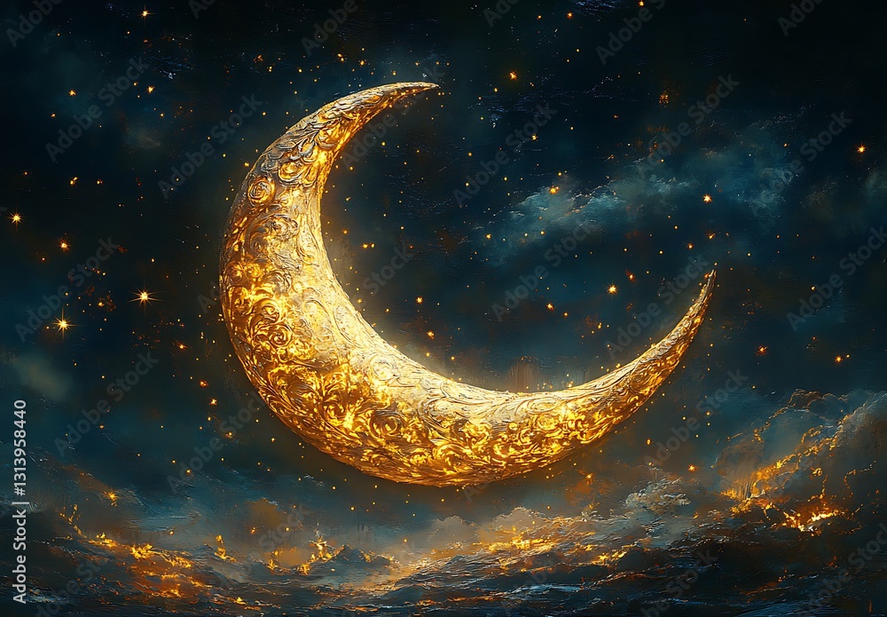 Shimmering Crescent Moon in a Starry Night Sky Shimmering Crescent Moon in a Starry Night Sky