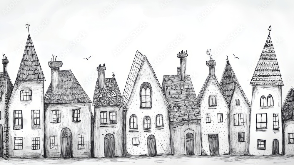 Fototapeta premium Simple sketch of a row of houses, each with unique rooftops and windows