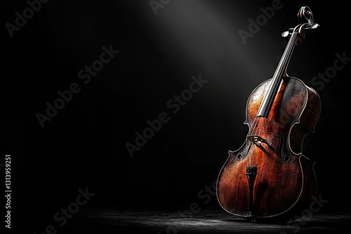 The violin, a stringed musical instrument, is depicted in a close-up shot against a black backdrop, providing ample copy space