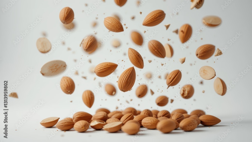 Almonds Falling In Mid Air Above A Pile Of Nuts On A White Background Almonds Falling In Mid Air Above A Pile Of Nuts On A White Background