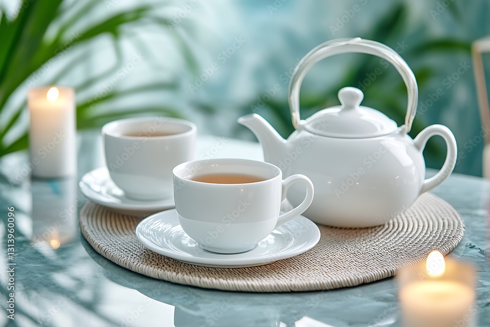 Fototapeta premium Delicate White Tea Set with Cozy Atmosphere