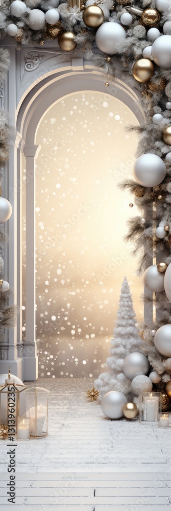 Obraz premium Winter Wonderland Christmas Scene with Snowy Archway and Ornament Garland