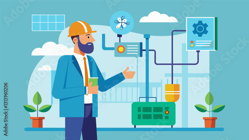 An engineer developing a new efficient heating and cooling system for a hospital to reduce energy costs.. Vector illustration