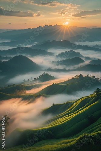 Majestic Mountain Range Surrounded by Mist and Lush Greenery at Sunrise photo