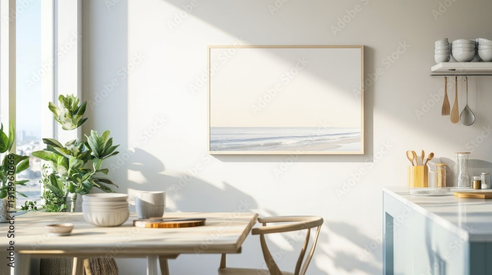 A canvas frame in a modern coastal kitchen. A canvas frame in a modern coastal kitchen.