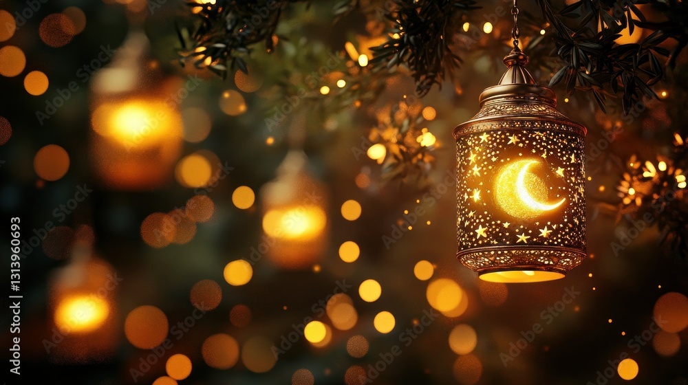 A glowing lantern hangs adorned on a decorated evergreen branch A glowing lantern hangs adorned on a decorated evergreen branch