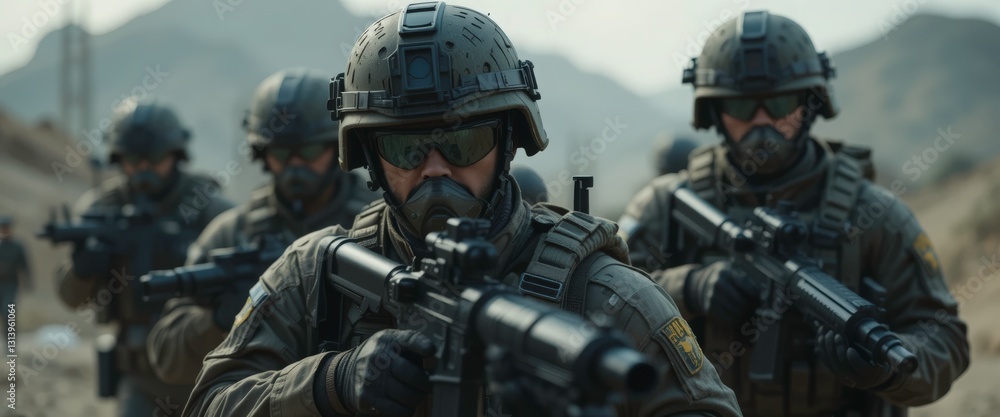 close-up of soldiers in combat, carrying rifles. a dramatic scene depicting a military operation in a desert-like landscape. high-resolution photo ideal for news, documentary, or military projects. close-up of soldiers in combat, carrying rifles. a dramatic scene depicting a military operation in a desert-like landscape. high-resolution photo ideal for news, documentary, or military projects.