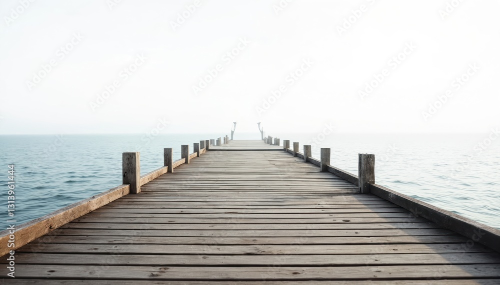 Old wooden dock stretches towards calm sea under bright white sky. Straight perspective pier boardwalk with railings leads to horizon. Empty tranquil bay with smooth water. Perfect place relax, Old wooden dock stretches towards calm sea under bright white sky. Straight perspective pier boardwalk with railings leads to horizon. Empty tranquil bay with smooth water. Perfect place relax,