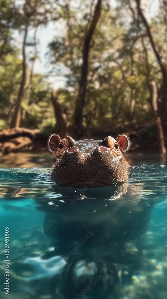 Fototapeta premium pygmy hippo swimming across a quiet pool, its whole body visible as it glides through the water with ease