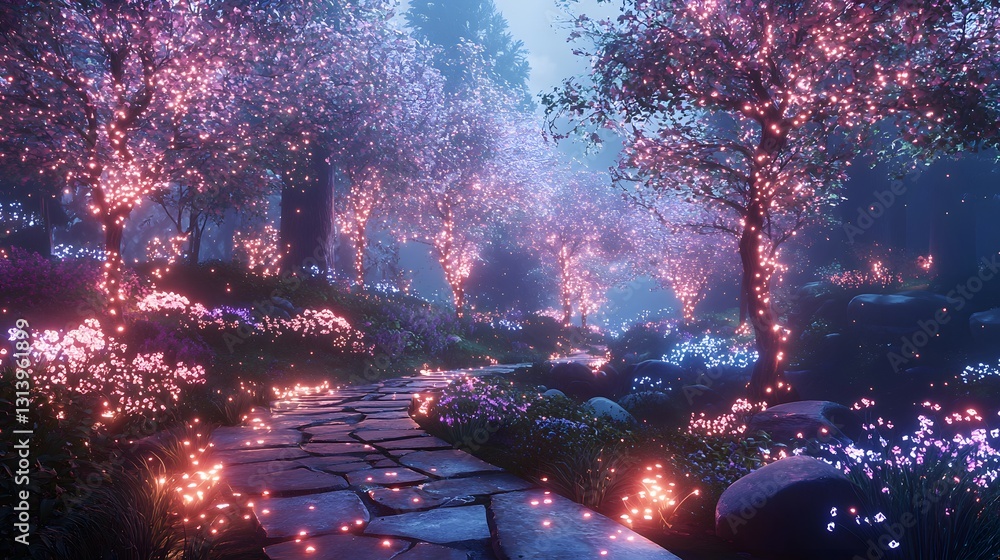 Obraz premium Enchanted Garden with Glowing Trees and Electric Colorful Stones