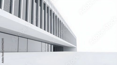 A white building with a series of vertical columns and glass panels is captured against a clean white background  emphasizing its modern design and geometric form.
