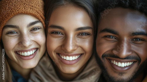 Smiling faces from diverse cultures, warm and welcoming expressions, celebrating unity and connection.