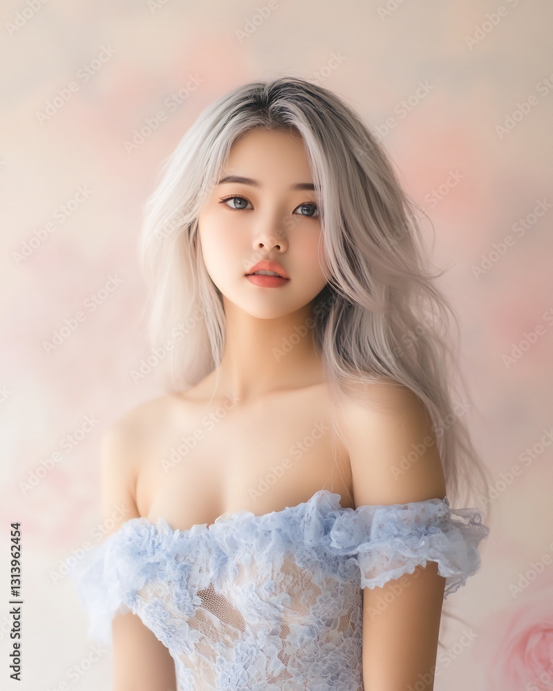 Ethereal Asian woman in pastel blue gown with soft lighting Ethereal Asian woman in pastel blue gown with soft lighting