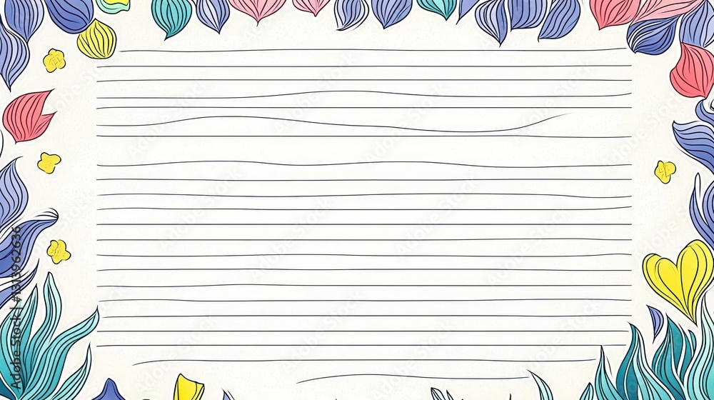 Fototapeta premium Floral lined paper Blank note sheet with colorful flower border, simple design, white background