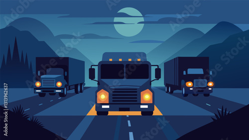 As night falls and the trucks continue their journey their headlights through the darkness reminding us of the critical role they play in keeping our. Vector illustration