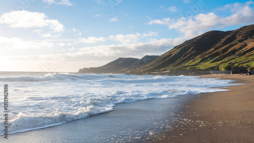 A sunlit beach with a smooth  rocky coastline and foamy waves crashing onto the shore.