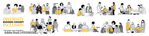 Diverse and inclusive business Team concept illustrations. Set of business men and women different ethnicities working together. Modern vector outline drawings Isolated on transparent background.