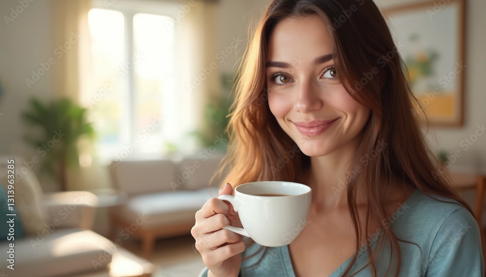 Young brown-haired woman drinks coffee in apartment. Relaxes, sits holding cup, smiling. Interior living room decor with cozy atmosphere. Lifestyle, privacy at home. Beautiful girl with long hair Young brown-haired woman drinks coffee in apartment. Relaxes, sits holding cup, smiling. Interior living room decor with cozy atmosphere. Lifestyle, privacy at home. Beautiful girl with long hair