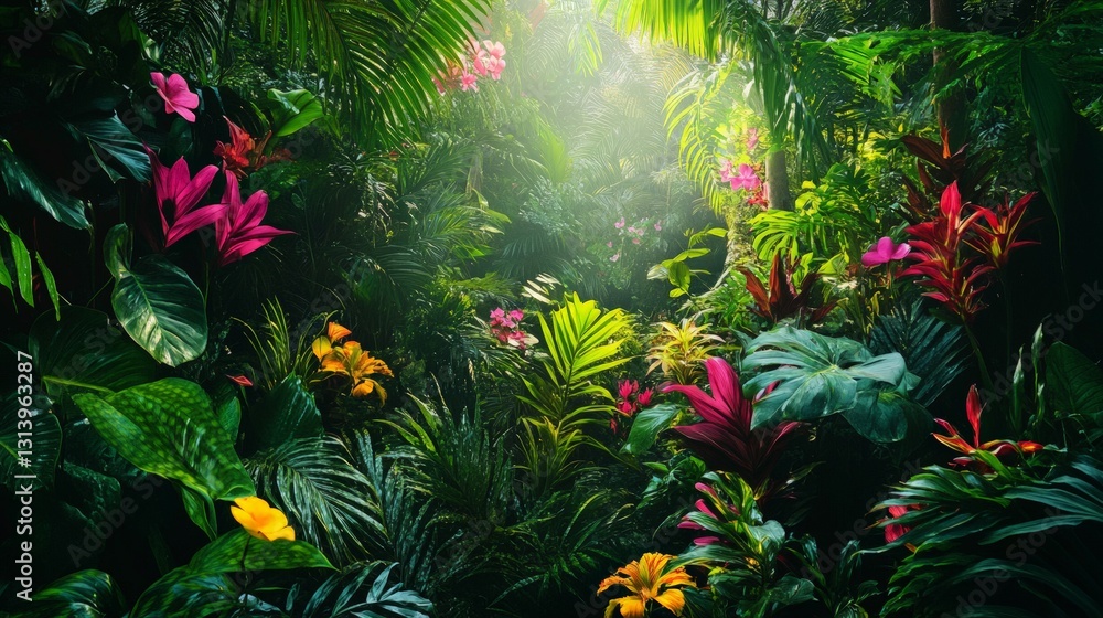 Lush Tropical Jungle with Vibrant Flowers and Dense Greenery Lush Tropical Jungle with Vibrant Flowers and Dense Greenery