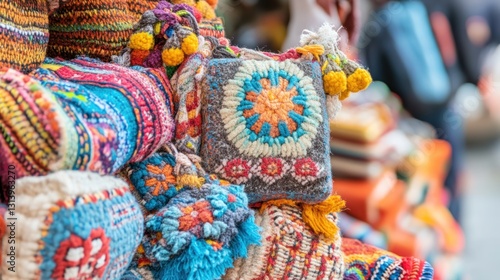 Colorful handcrafted knitted pouches displayed at a market.