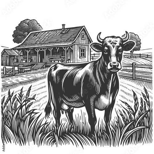 Cow in Front of a Farmhouse vector illustration