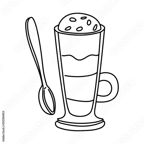 Illustration of doodle of a tall glass cup with coffee drink and a long spoon. Foam on top. It is ideal for promotional materials related to coffee, cafe, restaurant business or for premium products.