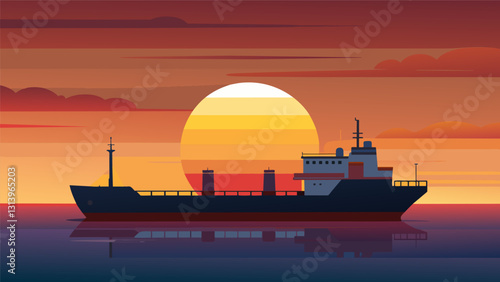 As the sun sets on the horizon a lone oil tanker stands out against the colorful sky its towering deck illuminated by the warm hues of dusk.. Vector illustration