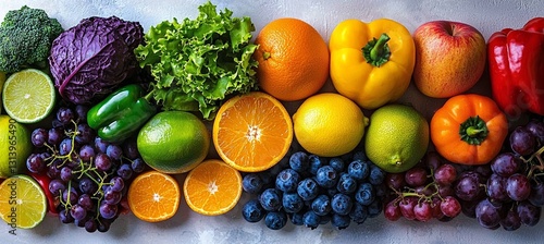 On a white surface, a large accumulation of ripe fruits and vegetables is neatly isolated