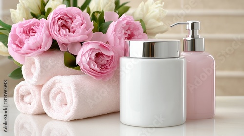 Pink Peonies and Bath Products on Marble Surface