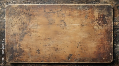 Old grunge stained scratched cutting board on wooden table background